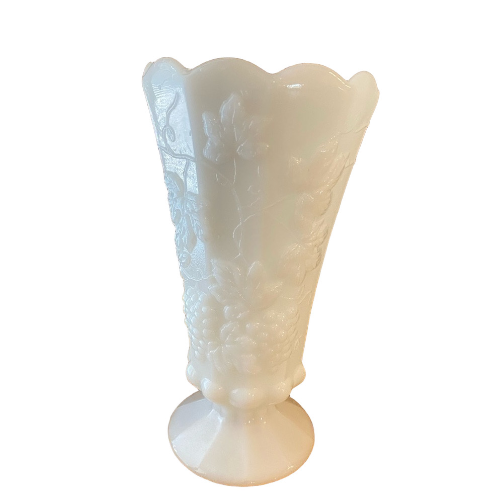 Vintage Anchor Hocking Paneled Milk Glass Vase With Grape Design